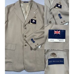 T. Harris Blazer‎ Men Large Tan Worsted Wool Micro Check Sport Coat New